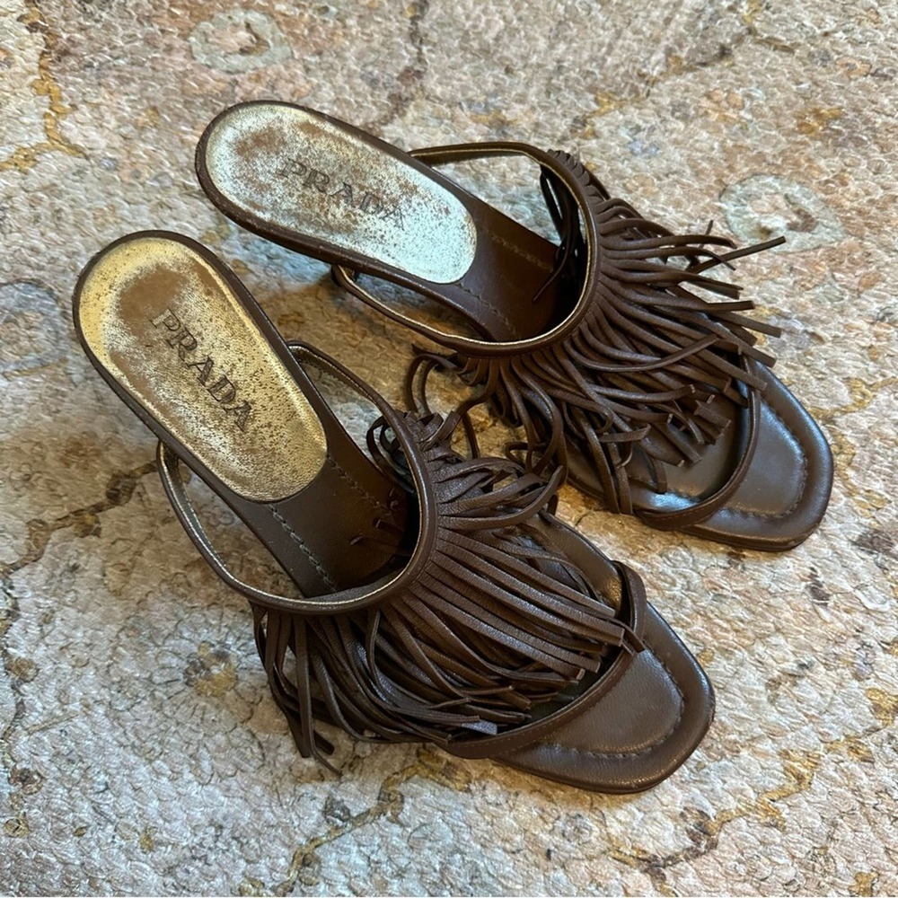Vintage Prada Brown Leather Fringe Kitten Heel